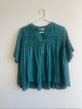 Solitaire Teal Pintuck Henley Blouse